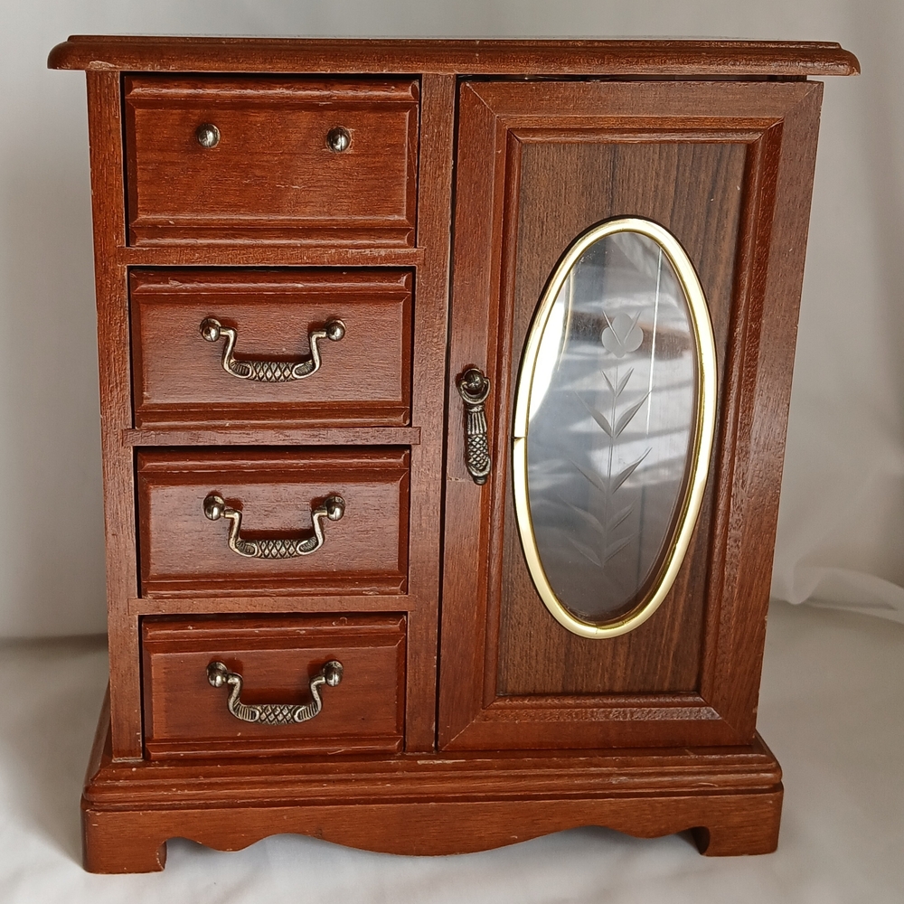 Large Vintage Jewelry Box Armoire Chest Wood Etched Flower Glass And Drawers